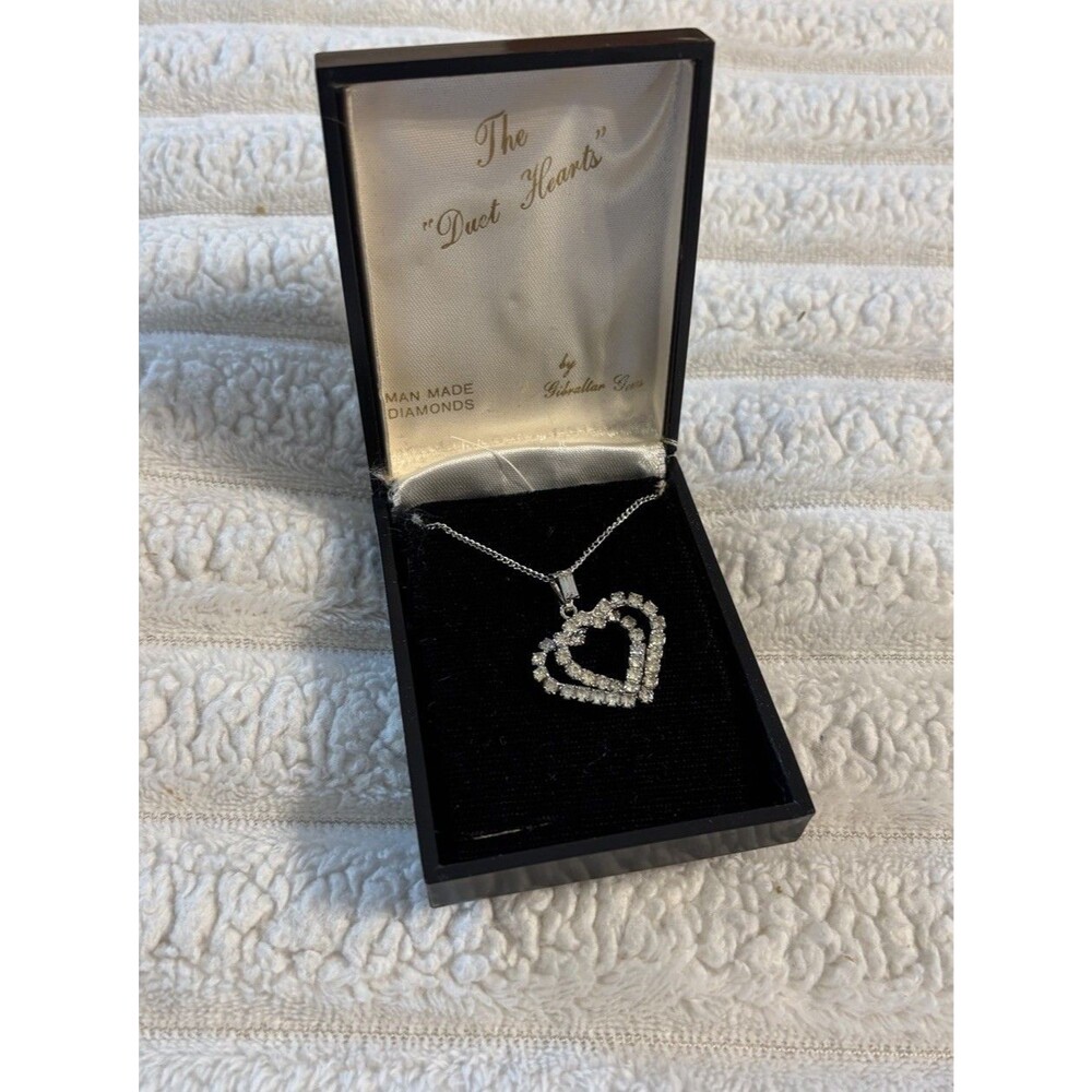 Gibraltar Gems Man Made Diamonds Duet Heart Necklace Silver Chain Pendant